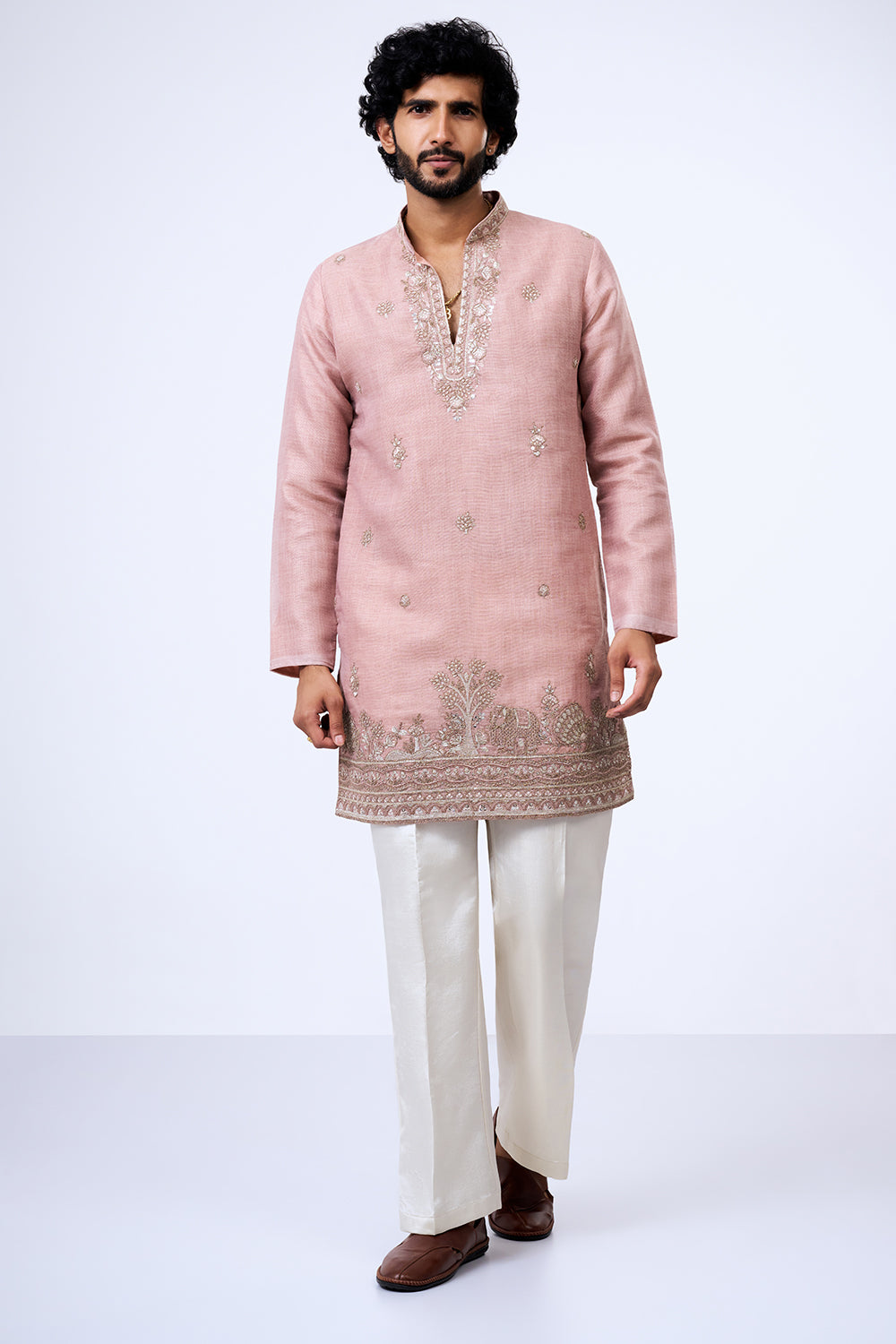 Blush Pink Shimmer Cotton Heritage Embellished Kurta Set