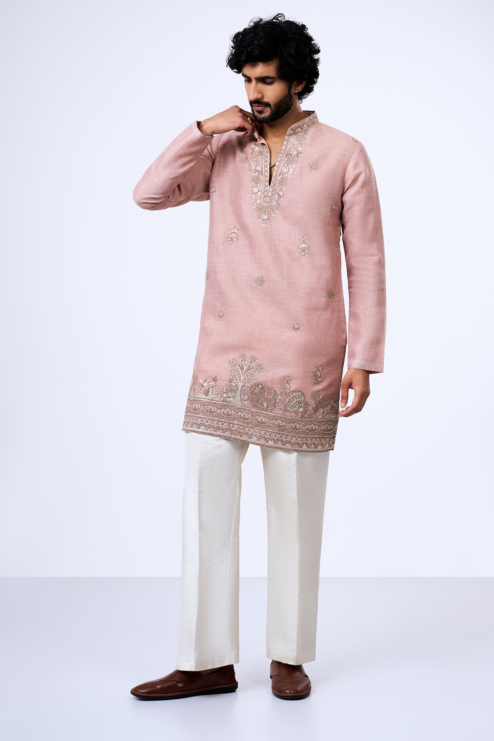 Blush Pink Shimmer Cotton Heritage Embellished Kurta Set
