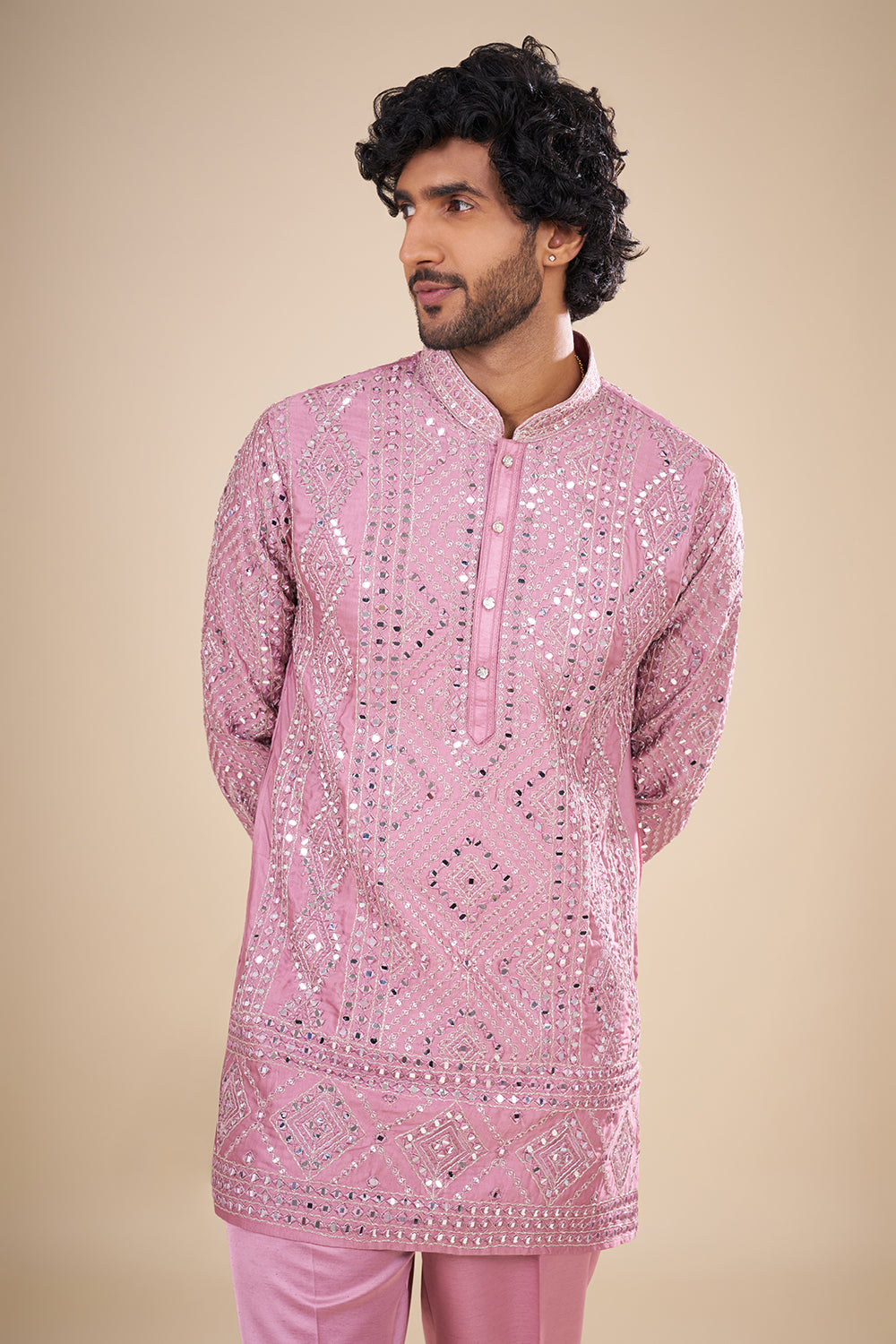 Blush Pink Silk Kurta Set with Thread Embroidery