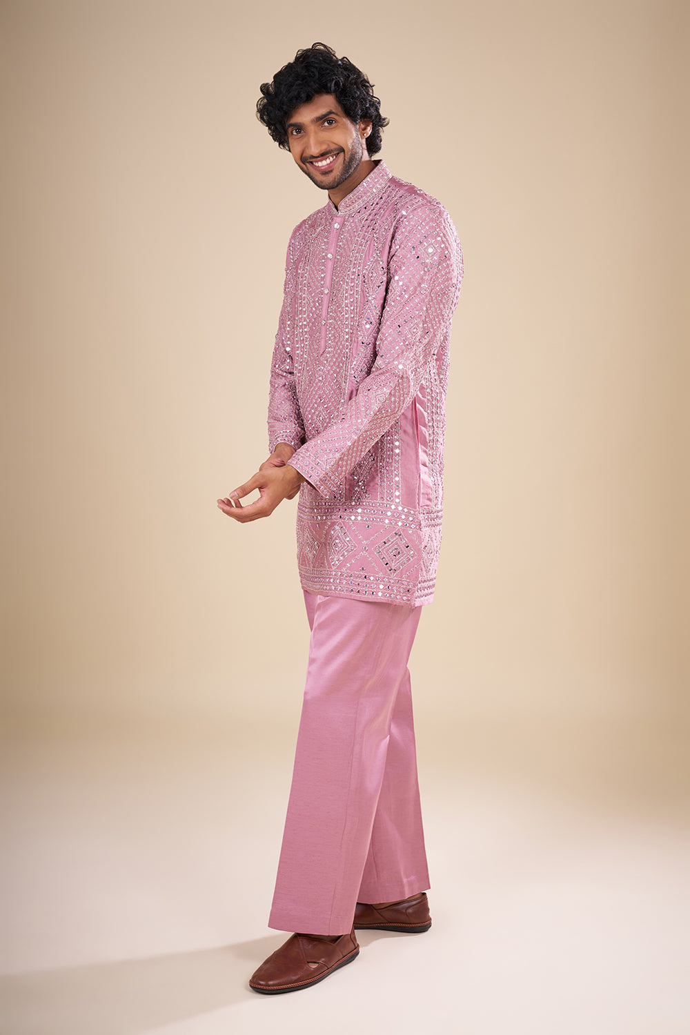 Blush Pink Silk Kurta Set with Thread Embroidery