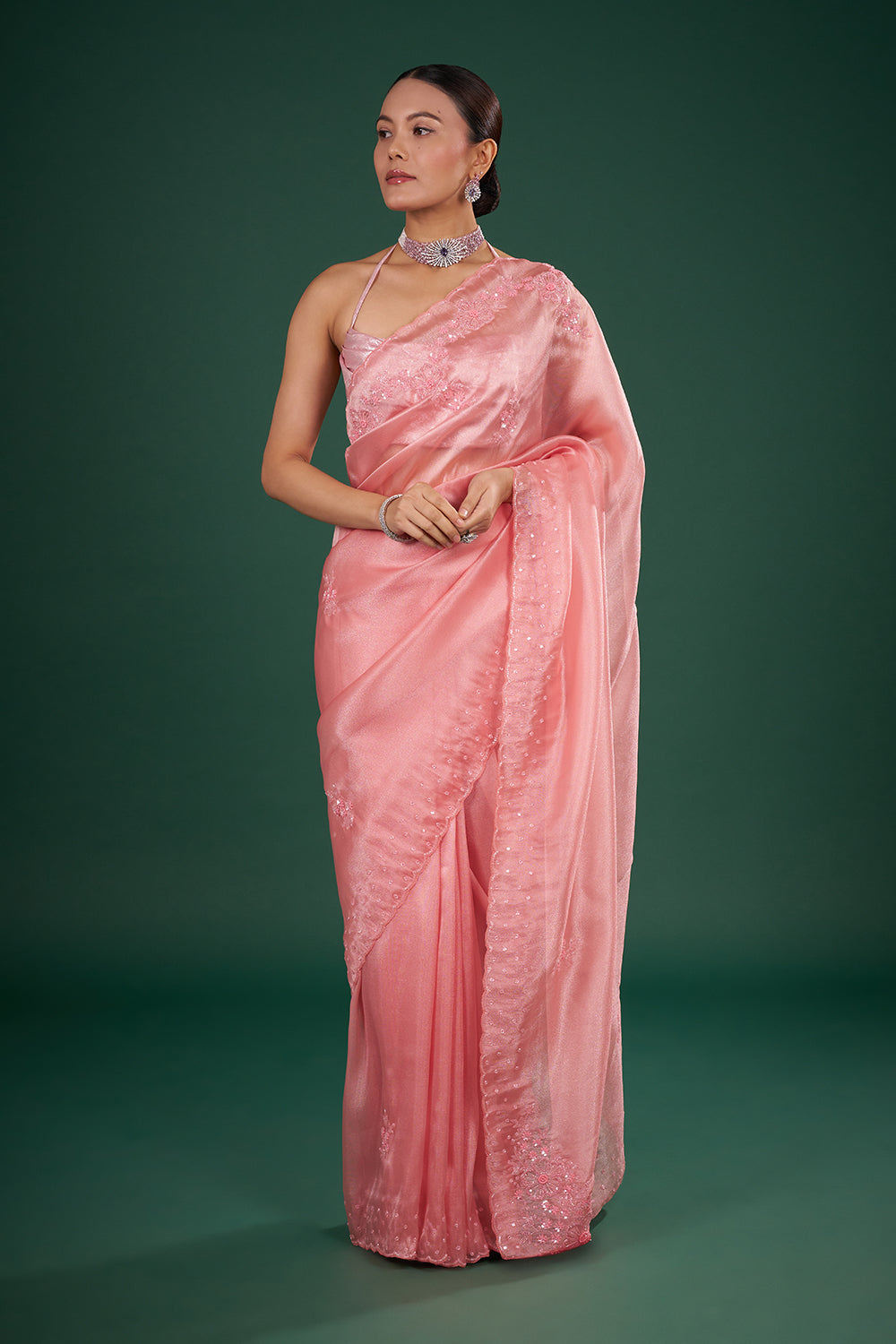 Blush Pink Tissue Saree with Floral Sequin Embroidery and Unstitched Blouse