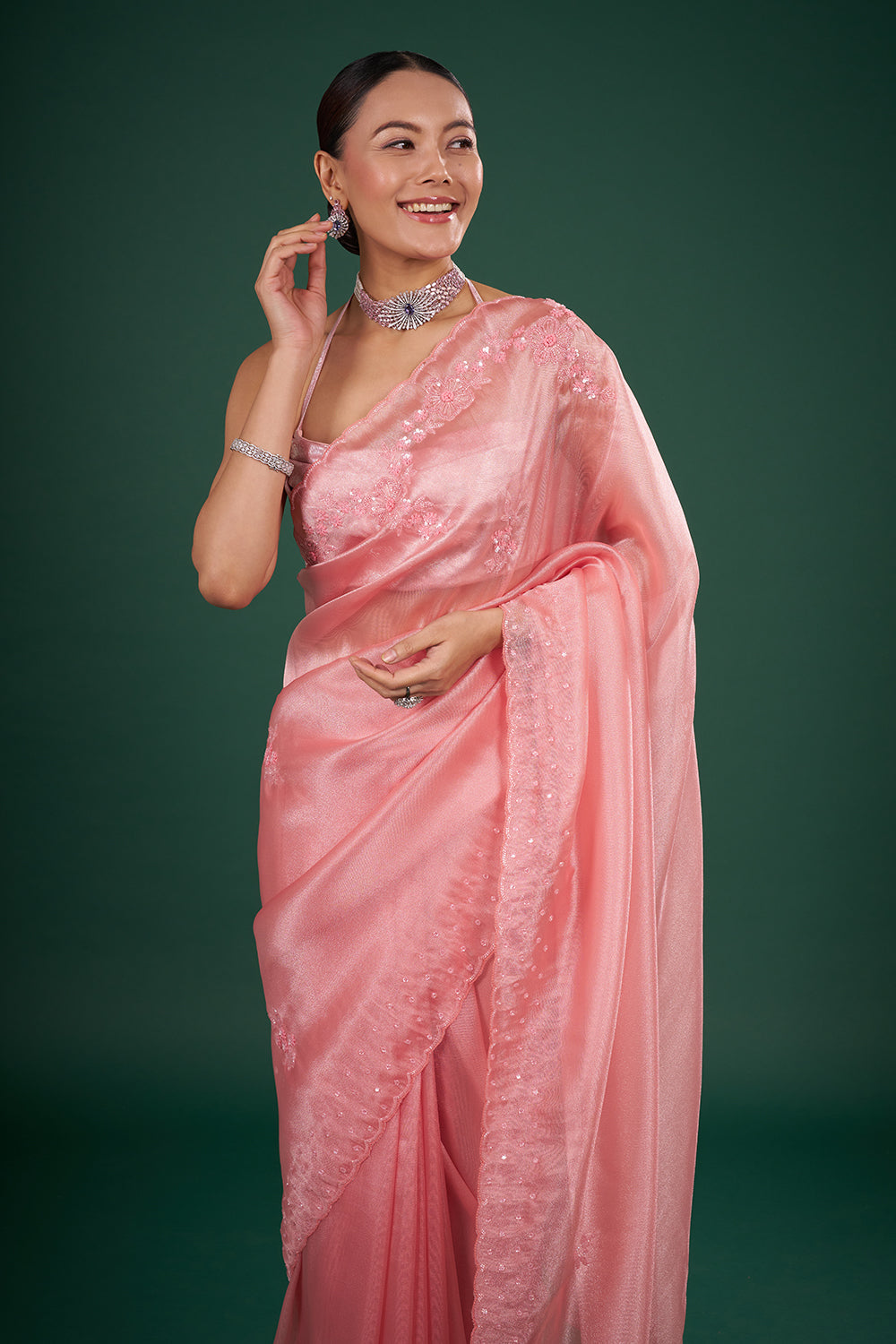 Blush Pink Tissue Saree with Floral Sequin Embroidery and Unstitched Blouse