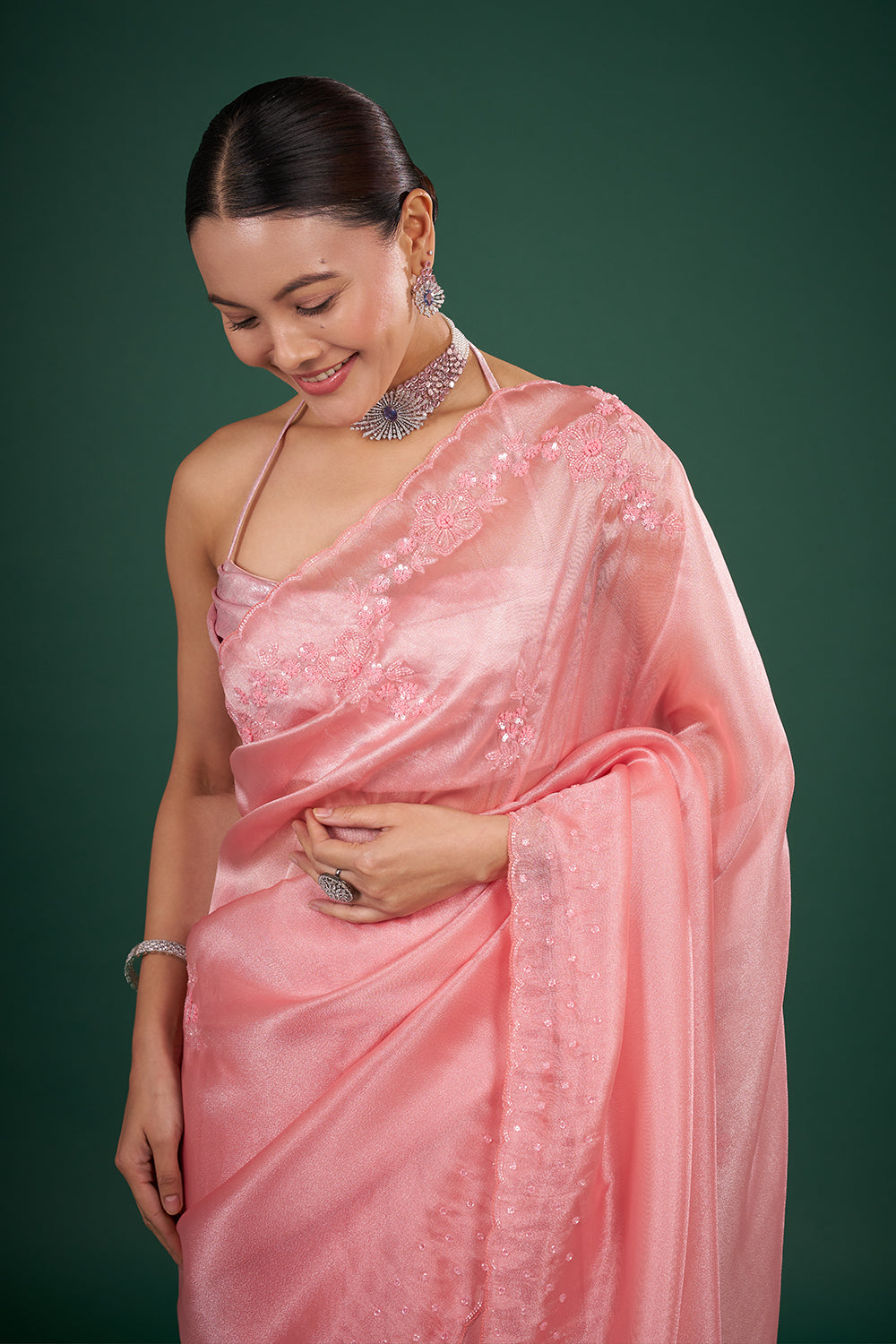 Blush Pink Tissue Saree with Floral Sequin Embroidery and Unstitched Blouse