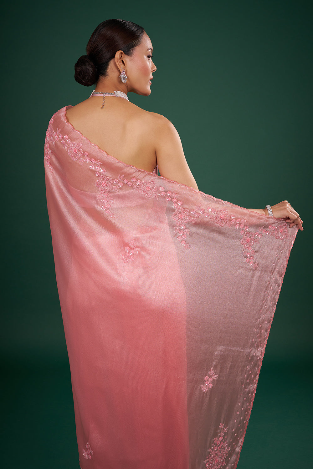 Blush Pink Tissue Saree with Floral Sequin Embroidery and Unstitched Blouse