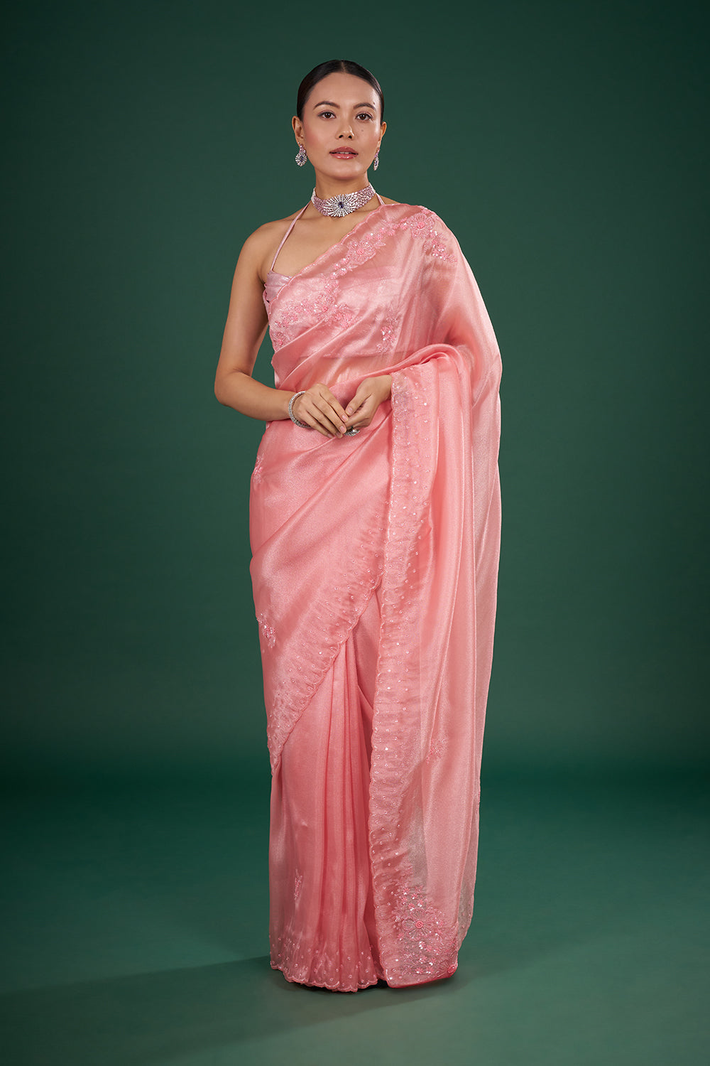 Blush Pink Tissue Saree with Floral Sequin Embroidery and Unstitched Blouse