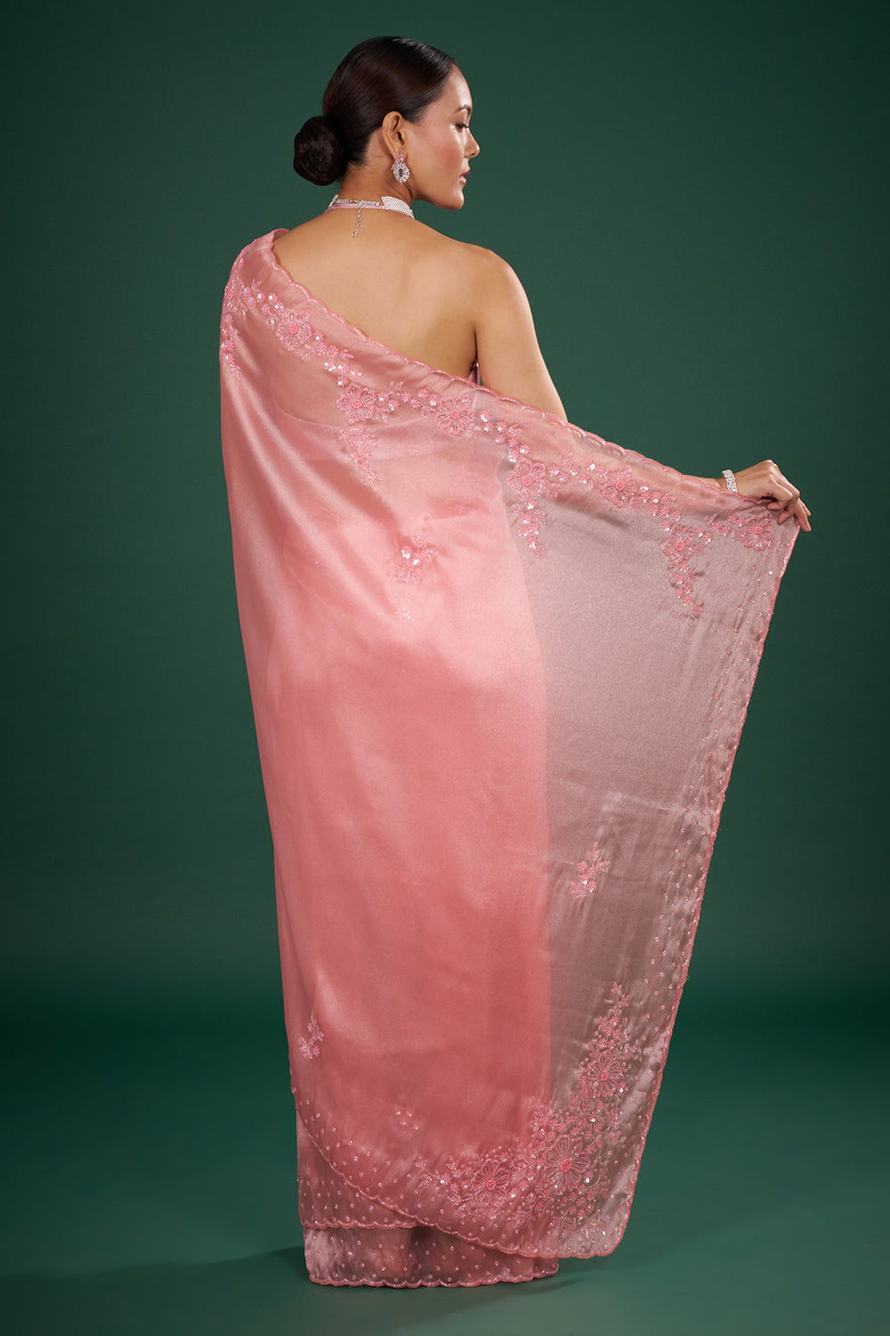 Blush Pink Tissue Saree with Floral Sequin Embroidery and Unstitched Blouse
