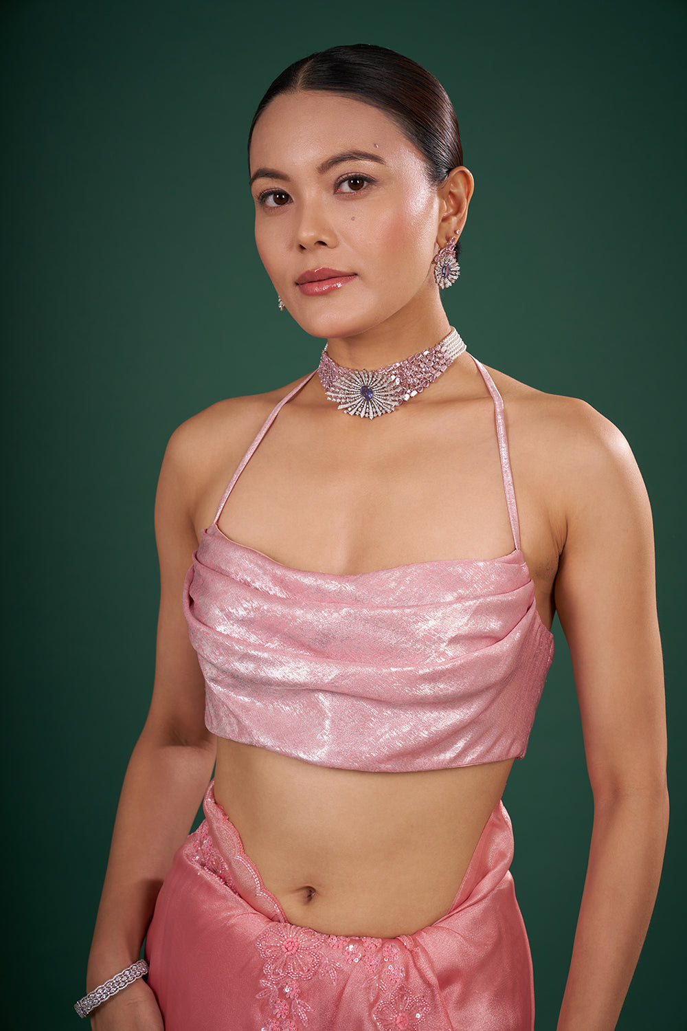 Blush Pink Tissue Saree with Floral Sequin Embroidery and Unstitched Blouse