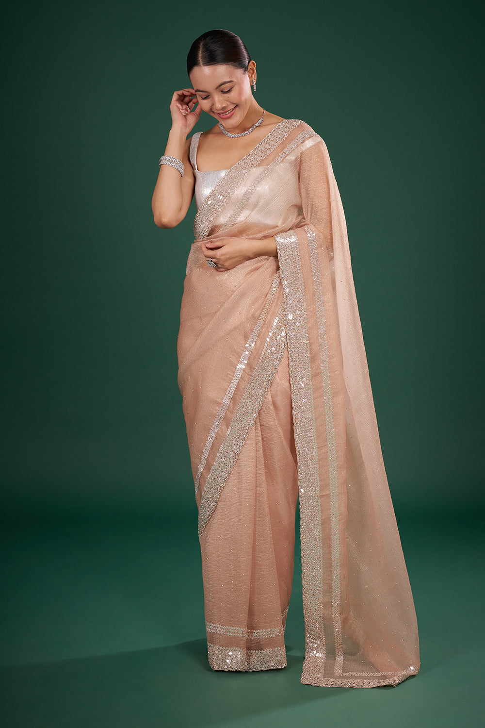 Blush Tissue Saree with Sequin Border and Unstitched Blouse