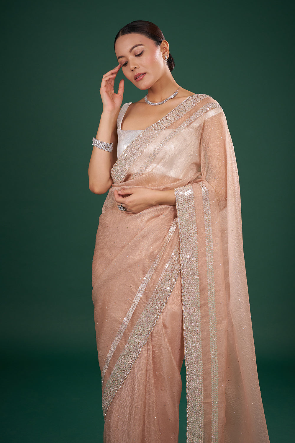 Blush Tissue Saree with Sequin Border and Unstitched Blouse