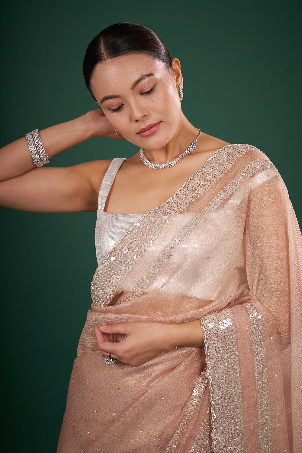 Blush Tissue Saree with Sequin Border and Unstitched Blouse