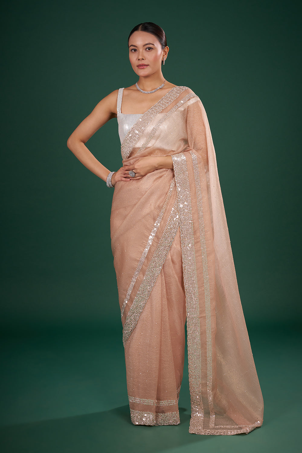 Blush Tissue Saree with Sequin Border and Unstitched Blouse