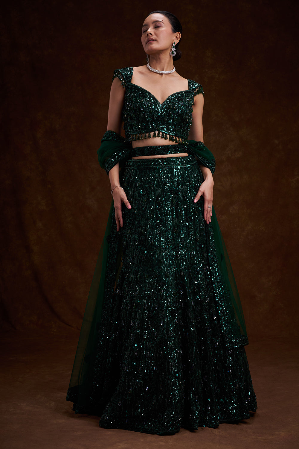 Bottle Green Bridal Lehenga with Sequin and Cutdana Work