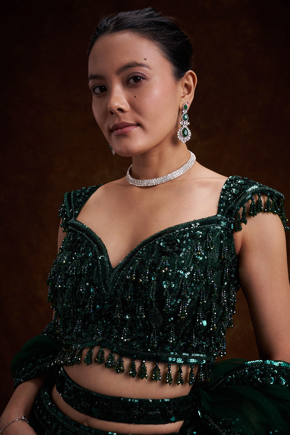 Bottle Green Bridal Lehenga with Sequin and Cutdana Work