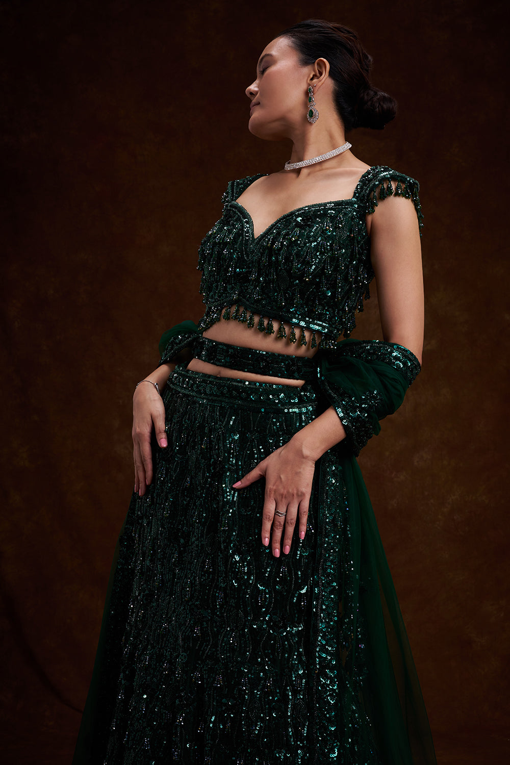 Bottle Green Bridal Lehenga with Sequin and Cutdana Work