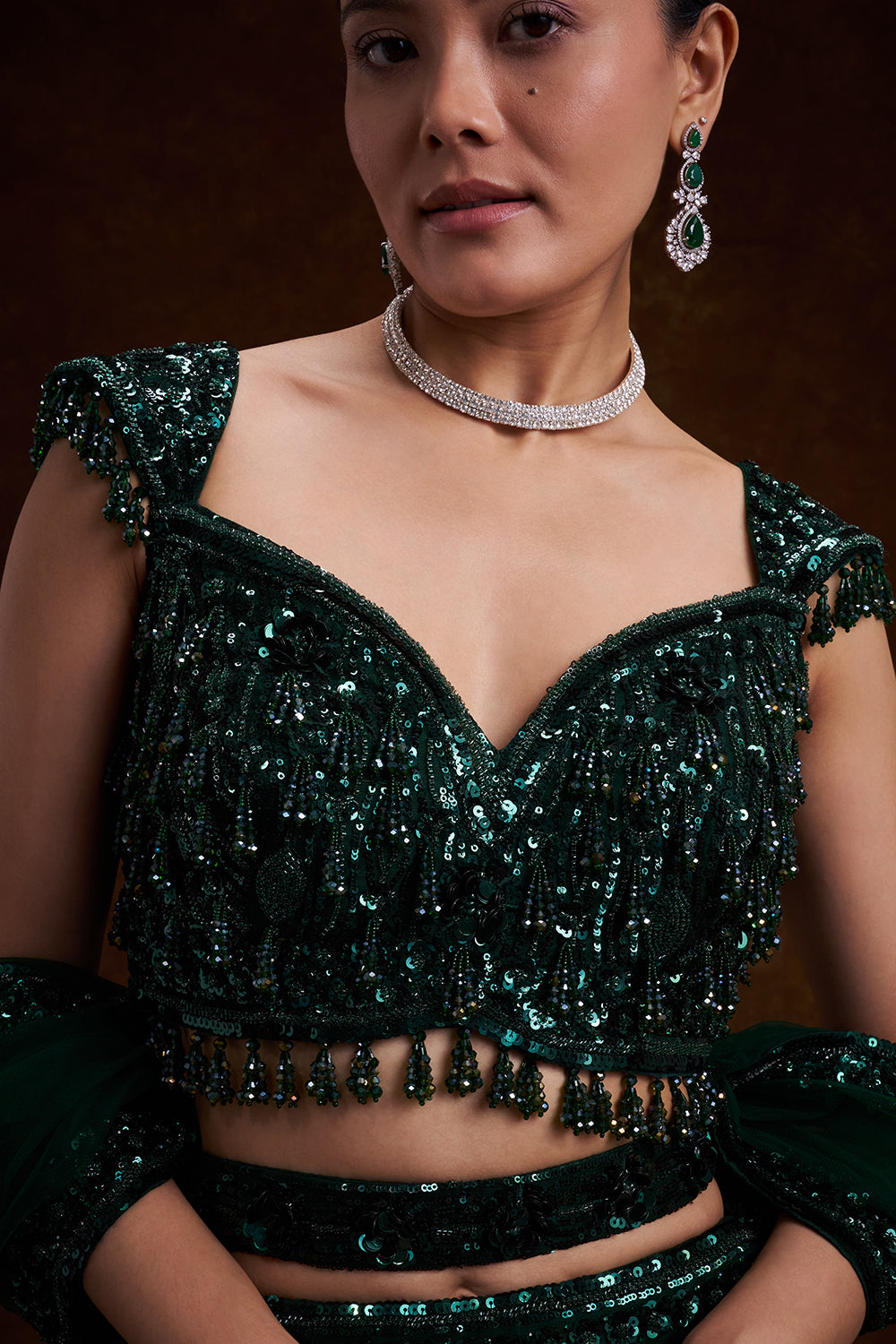 Bottle Green Bridal Lehenga with Sequin and Cutdana Work