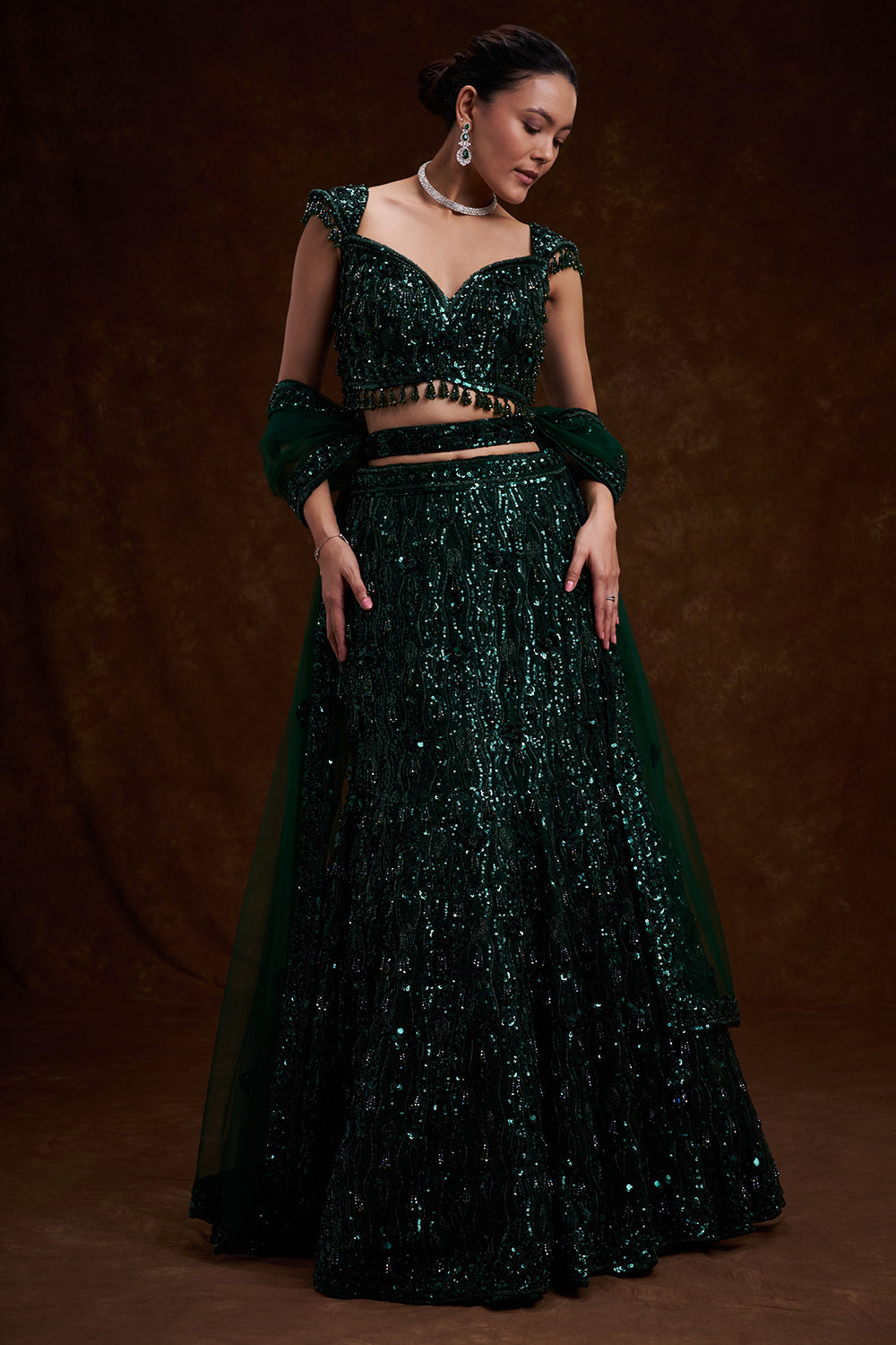 Bottle Green Bridal Lehenga with Sequin and Cutdana Work