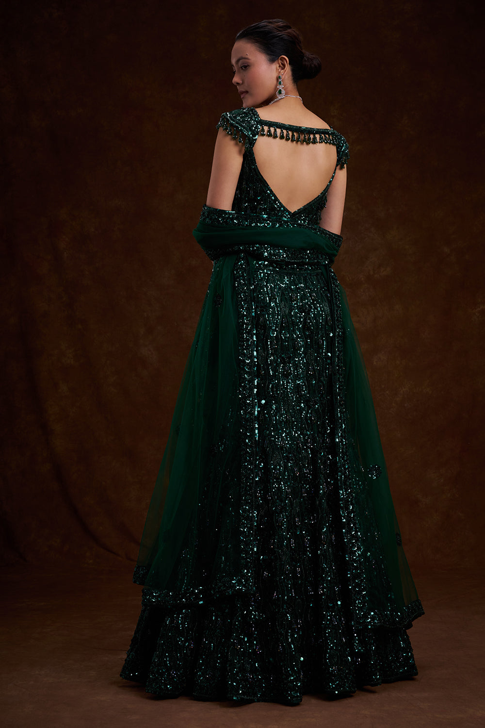 Bottle Green Bridal Lehenga with Sequin and Cutdana Work