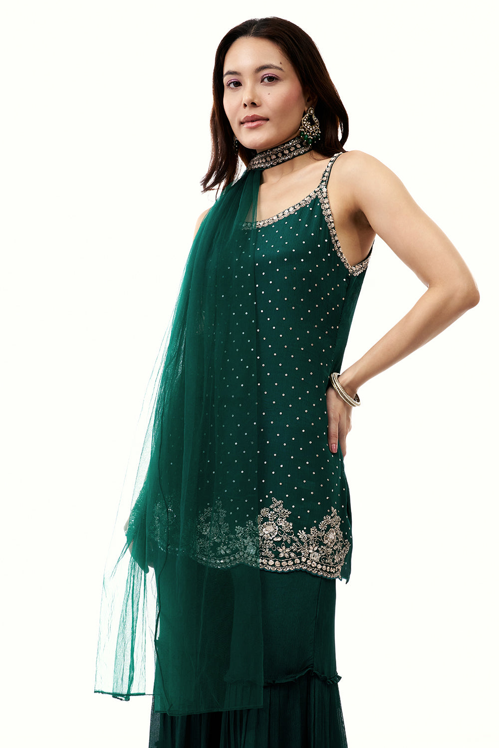 Bottle Green Chinon Sharara Set with Cutdana and Sequin Work