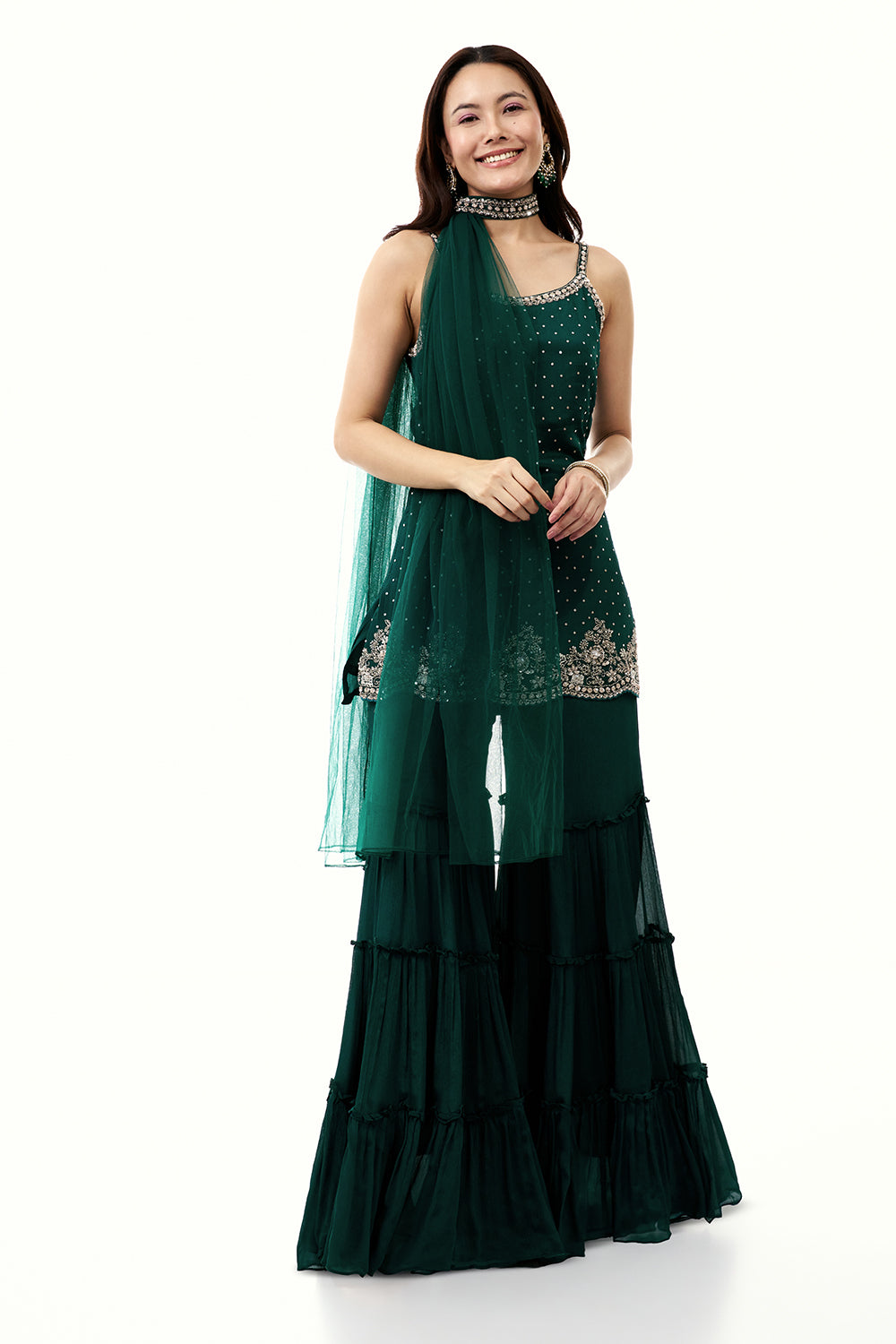 Bottle Green Chinon Sharara Set with Cutdana and Sequin Work