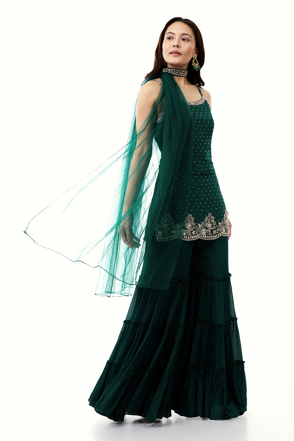 Bottle Green Chinon Sharara Set with Cutdana and Sequin Work