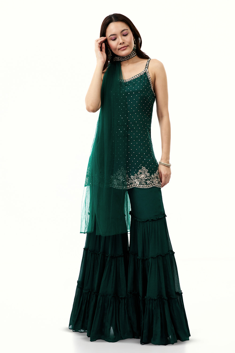Bottle Green Chinon Sharara Set with Cutdana and Sequin Work