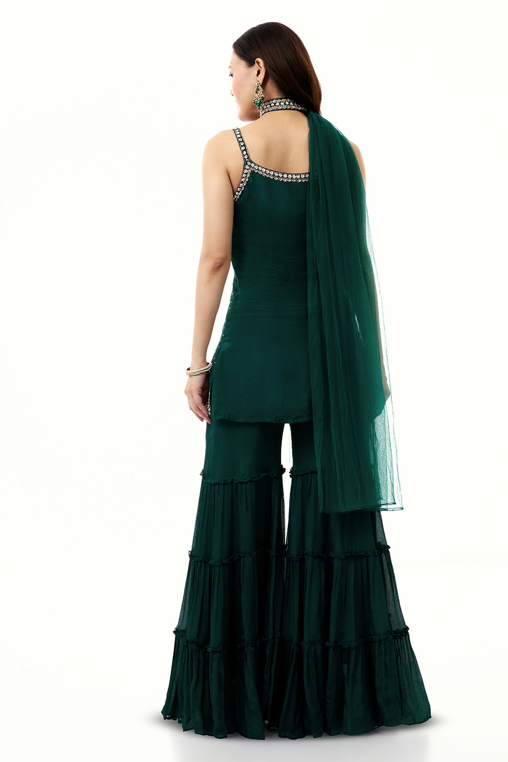 Bottle Green Chinon Sharara Set with Cutdana and Sequin Work