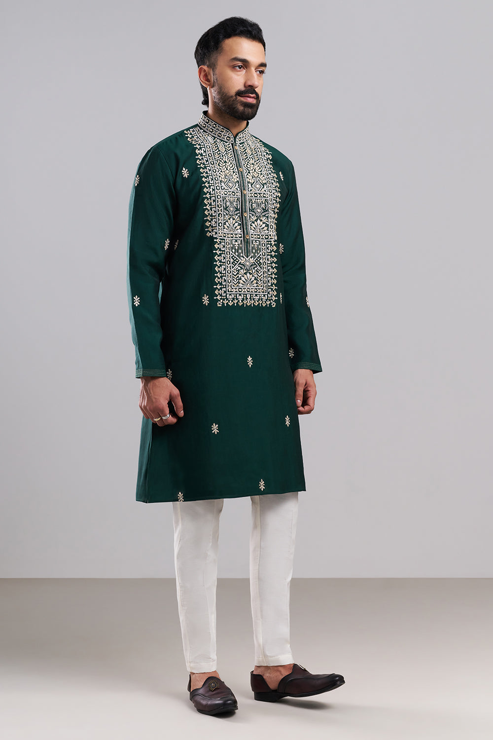 Bottle Green Cotton Silk Embroidered Men’s Kurta Set