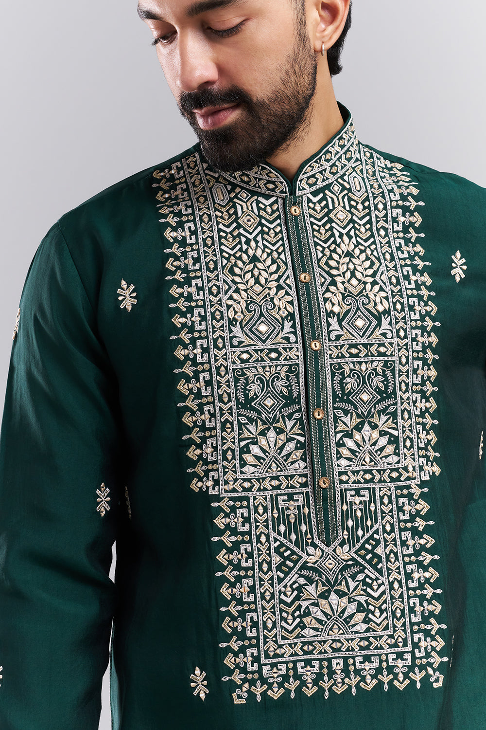 Bottle Green Cotton Silk Embroidered Men’s Kurta Set