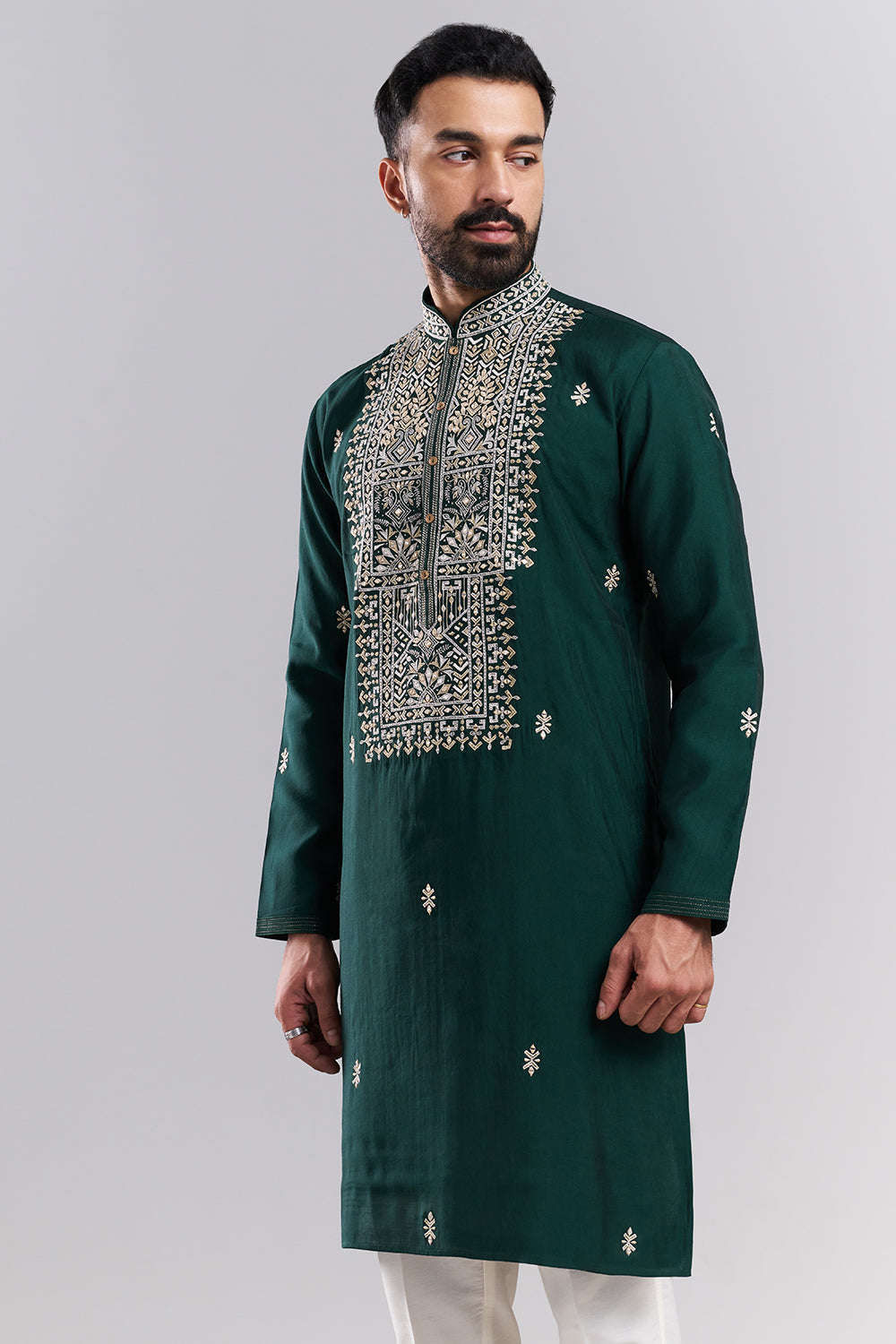 Bottle Green Cotton Silk Embroidered Men’s Kurta Set