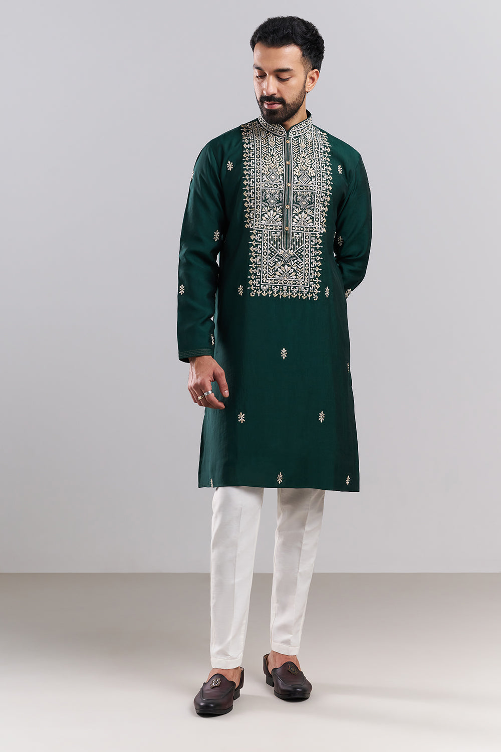 Bottle Green Cotton Silk Embroidered Men’s Kurta Set