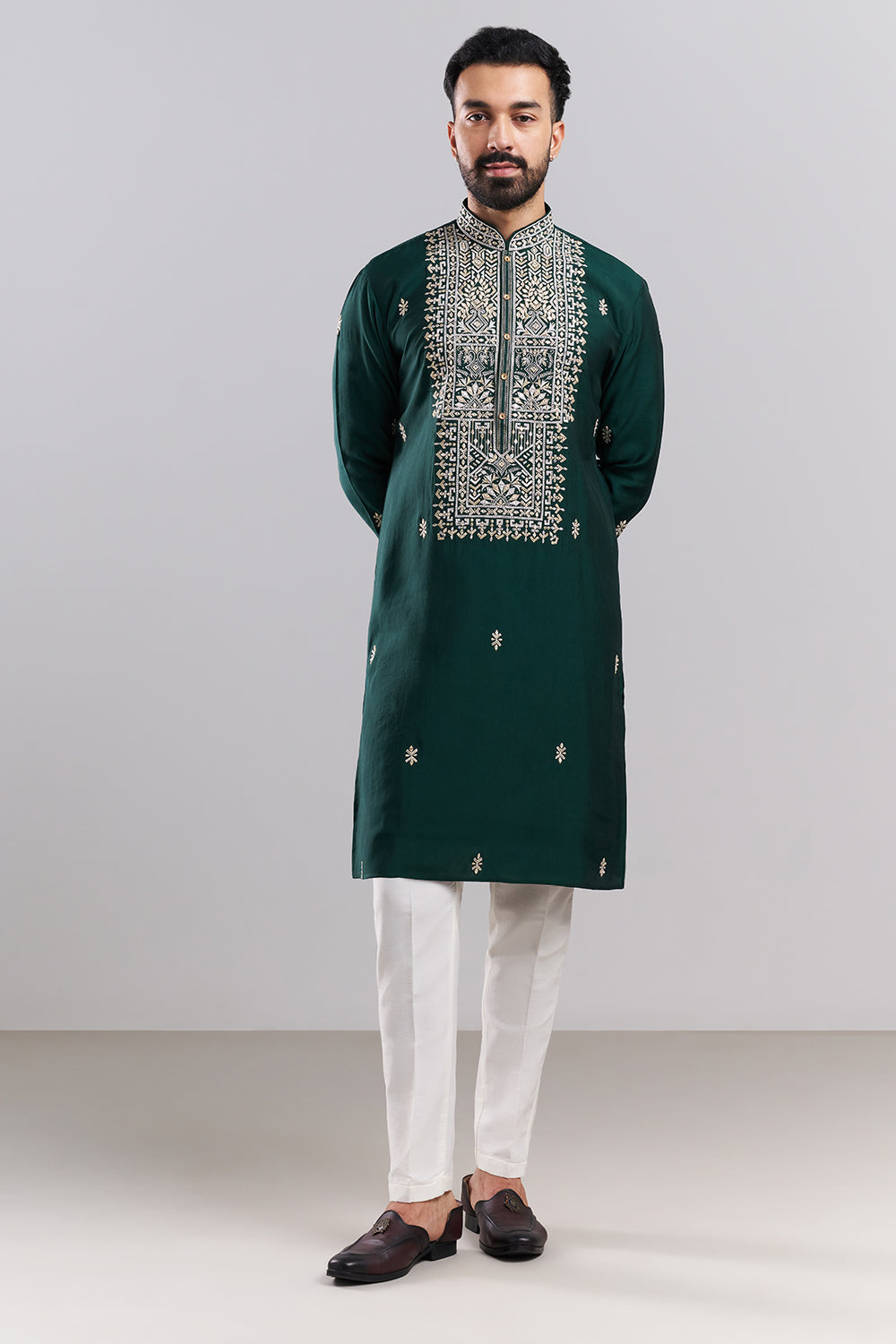 Bottle Green Cotton Silk Embroidered Men’s Kurta Set