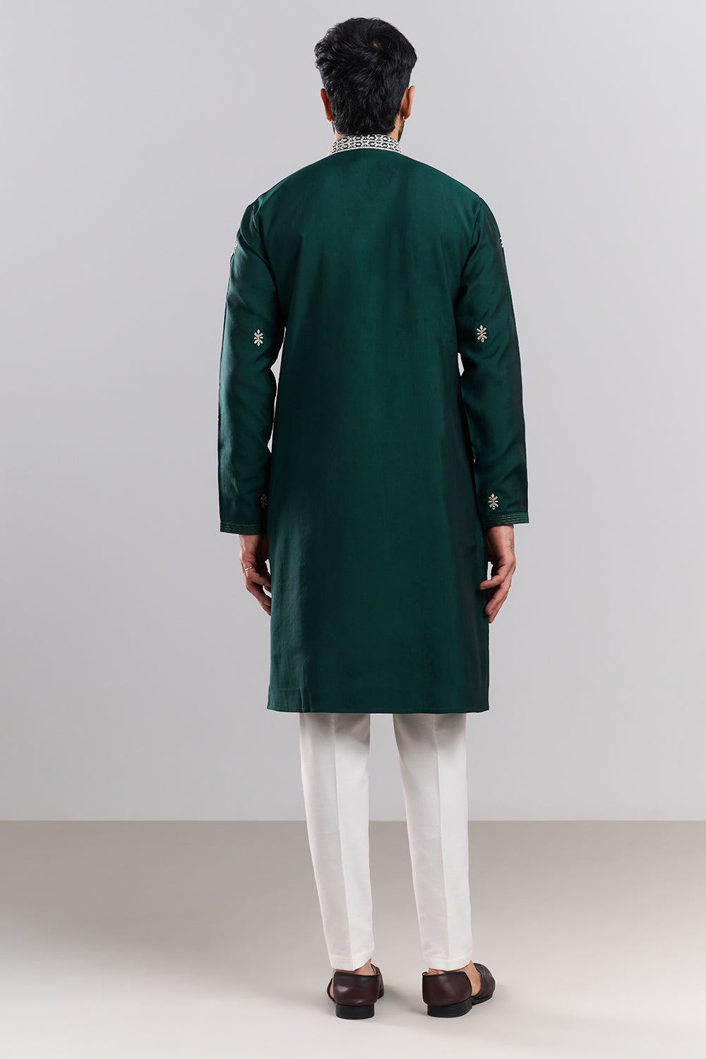Bottle Green Cotton Silk Embroidered Men’s Kurta Set