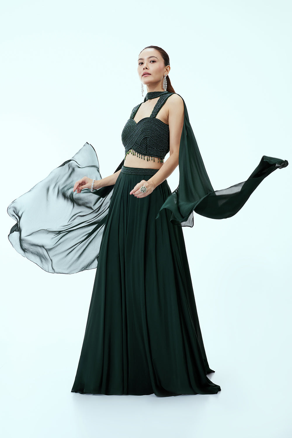 Bottle Green Crepe Lehenga with Moti Work