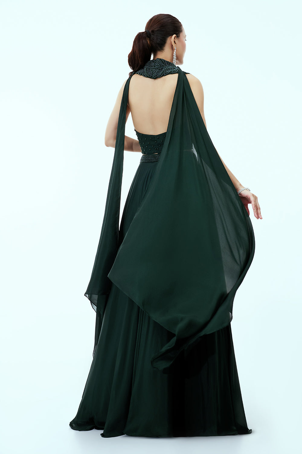 Bottle Green Crepe Lehenga with Moti Work