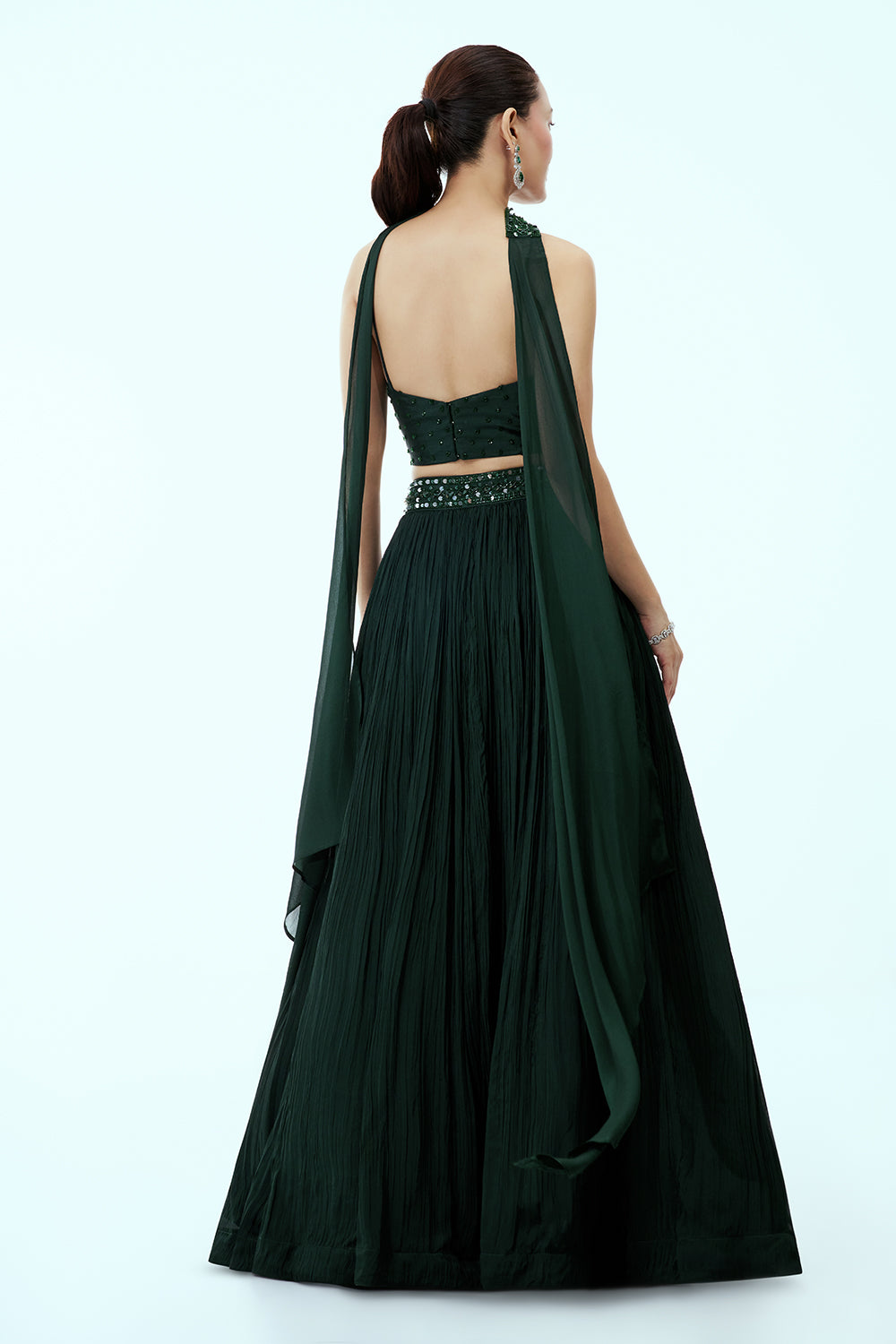 Bottle Green Crepe Lehenga with Sequinned Corset Blouse