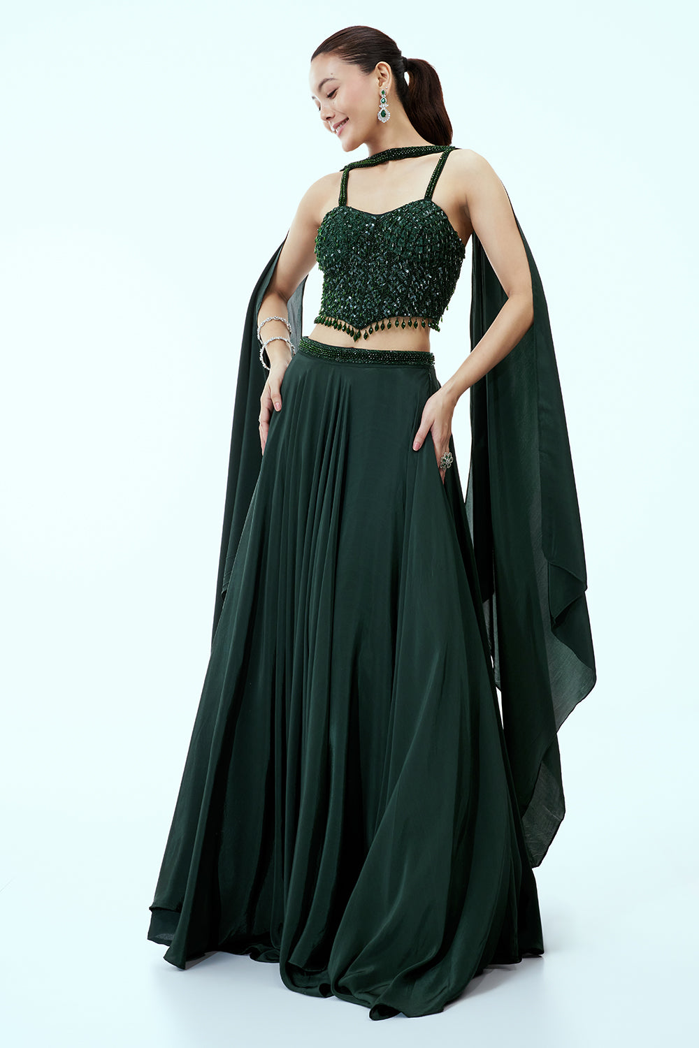 Bottle Green Crepe Silk Lehenga with Hand Embroidered Corset Blouse