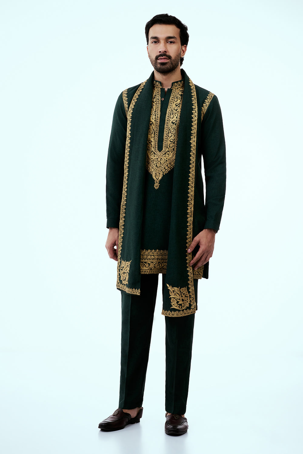 Bottle Green Dupion Silk Mens Kurta Set with Intricate Threadwork