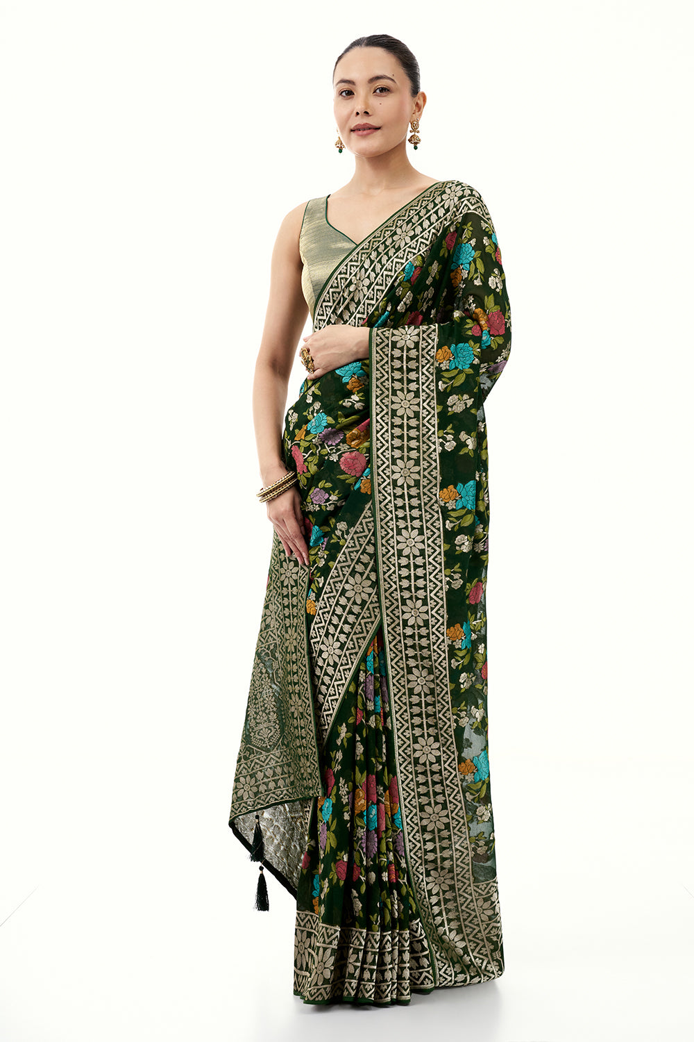 Bottle Green Khadi Georgette Woven Saree with Floral Designs