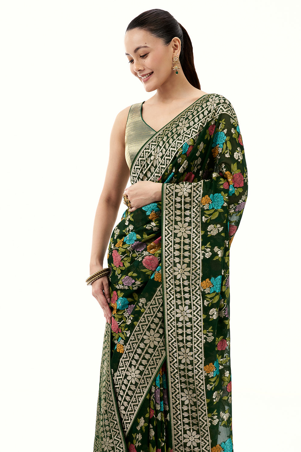 Bottle Green Khadi Georgette Woven Saree with Floral Designs