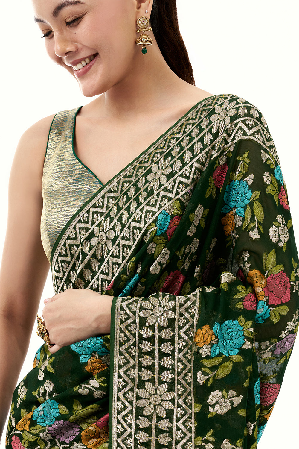 Bottle Green Khadi Georgette Woven Saree with Floral Designs