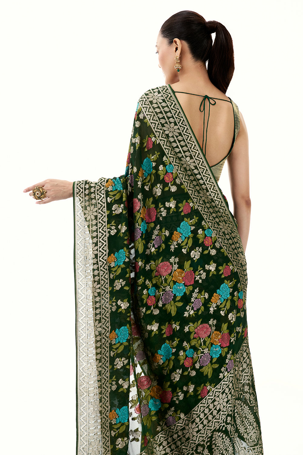 Bottle Green Khadi Georgette Woven Saree with Floral Designs
