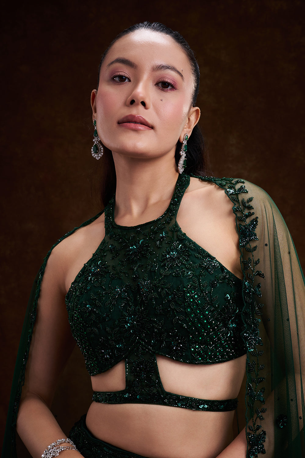 Bottle Green Net Bridal Lehenga with Cutdana and Bead Work