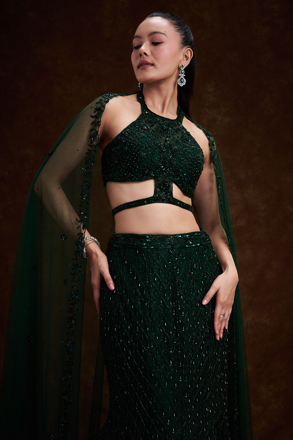 Bottle Green Net Bridal Lehenga with Cutdana and Bead Work