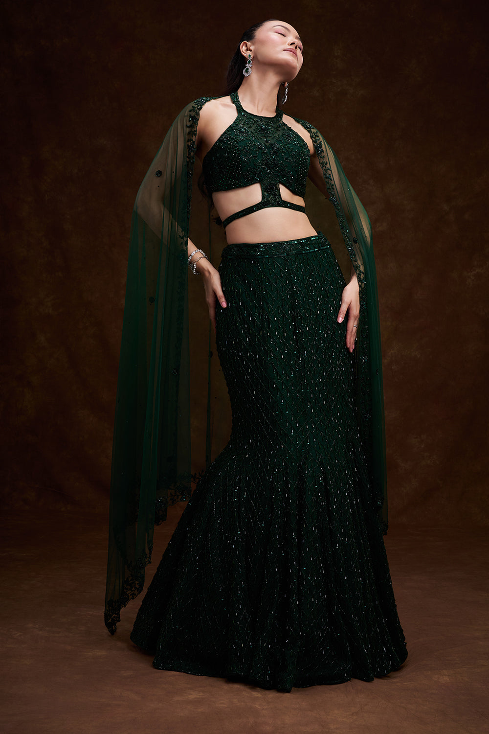Bottle Green Net Bridal Lehenga with Cutdana and Bead Work
