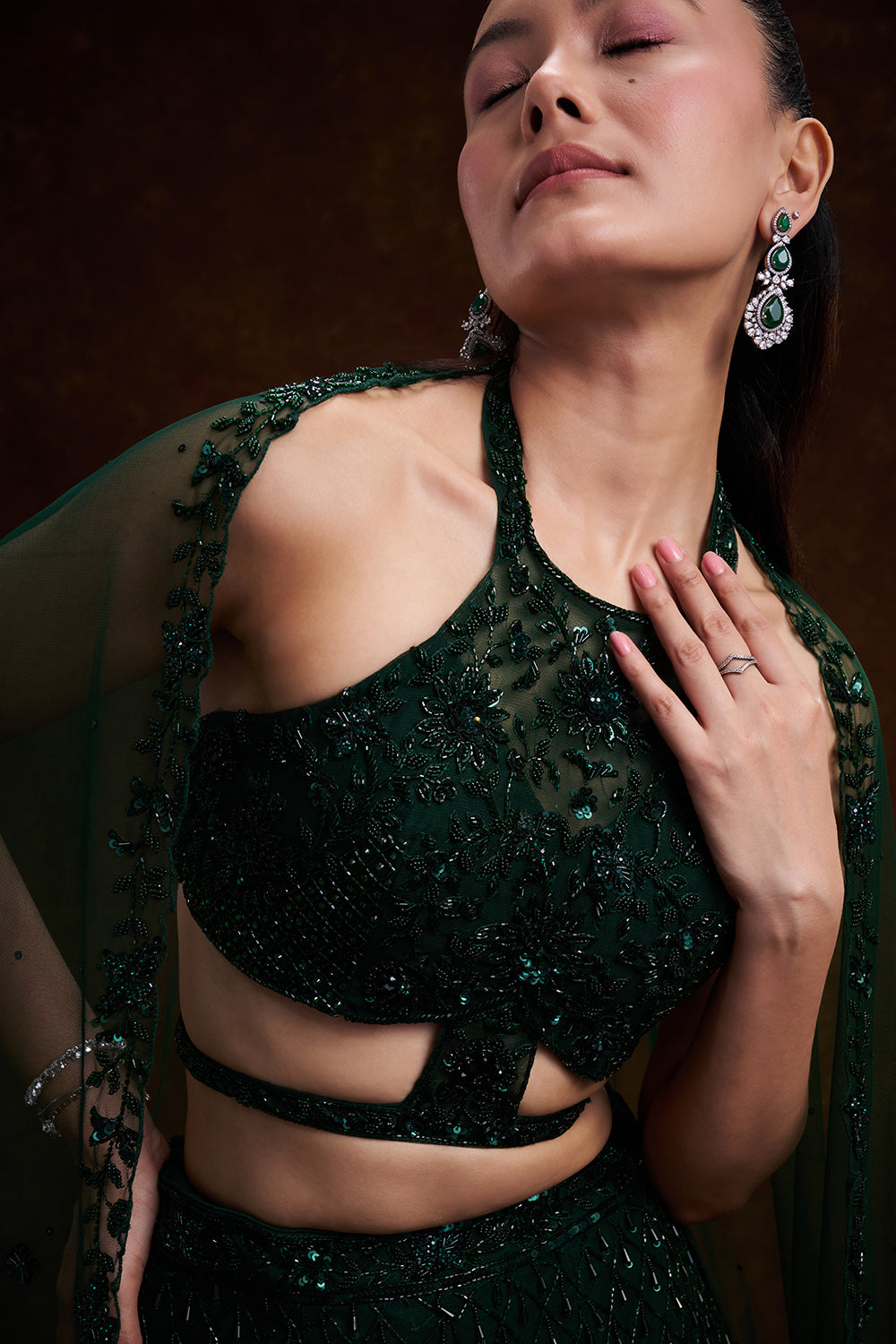 Bottle Green Net Bridal Lehenga with Cutdana and Bead Work