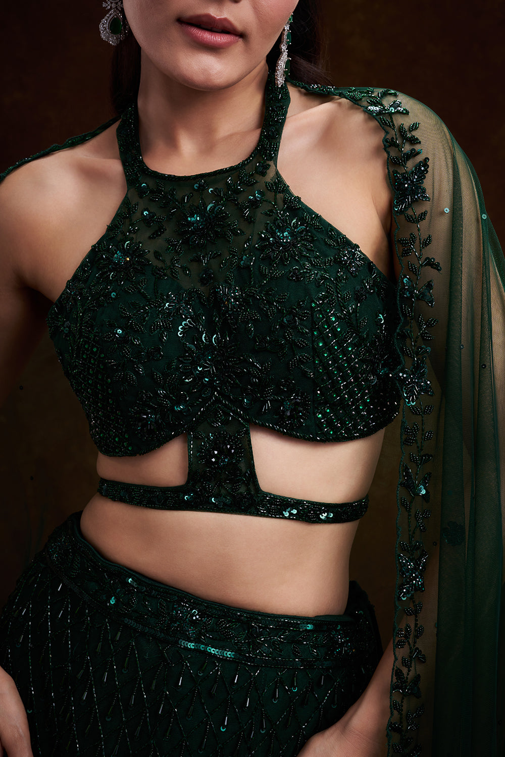 Bottle Green Net Bridal Lehenga with Cutdana and Bead Work