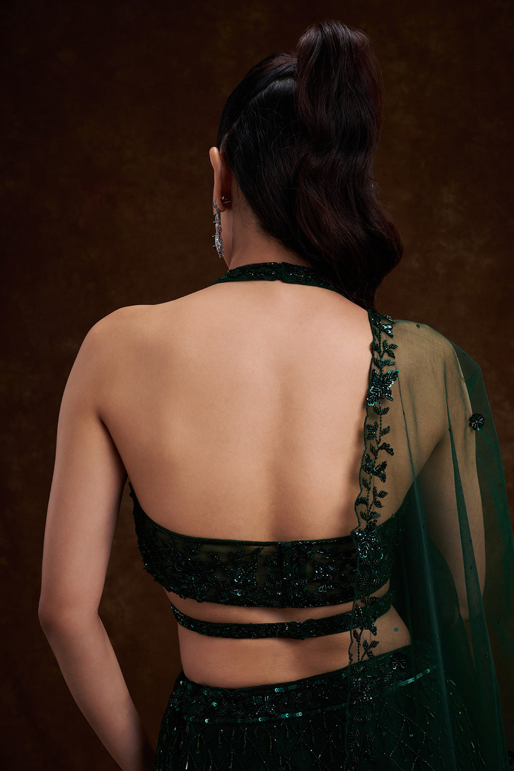 Bottle Green Net Bridal Lehenga with Cutdana and Bead Work