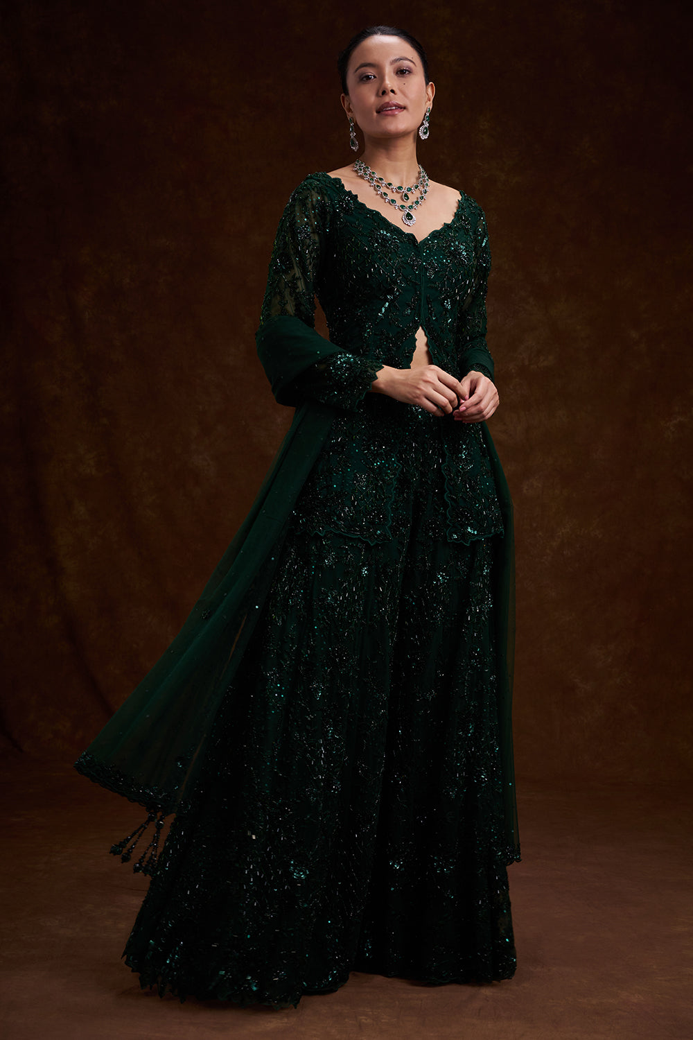 Bottle Green Net Indo-Western Set with Cutdana and Bead Work