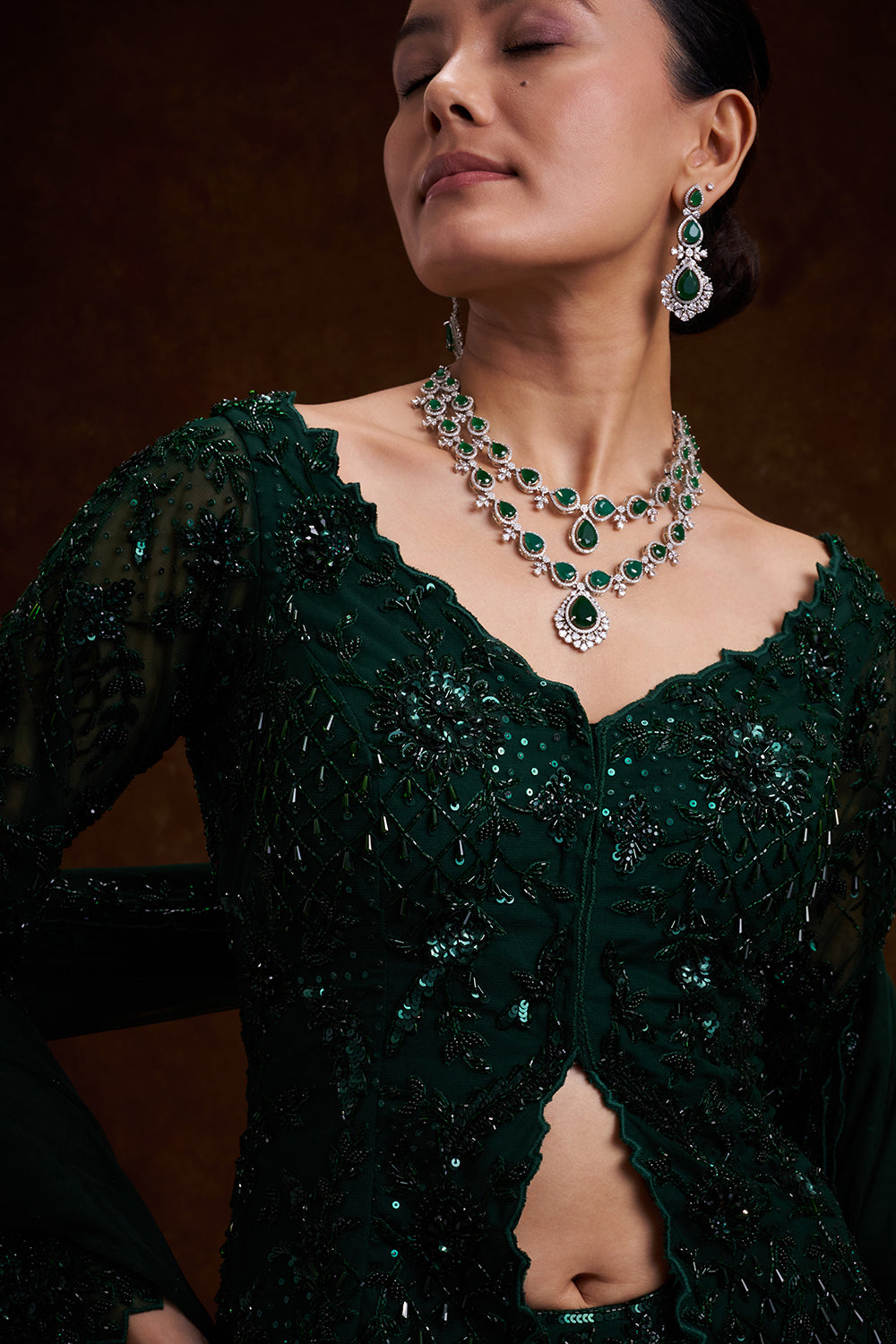 Bottle Green Net Indo-Western Set with Cutdana and Bead Work