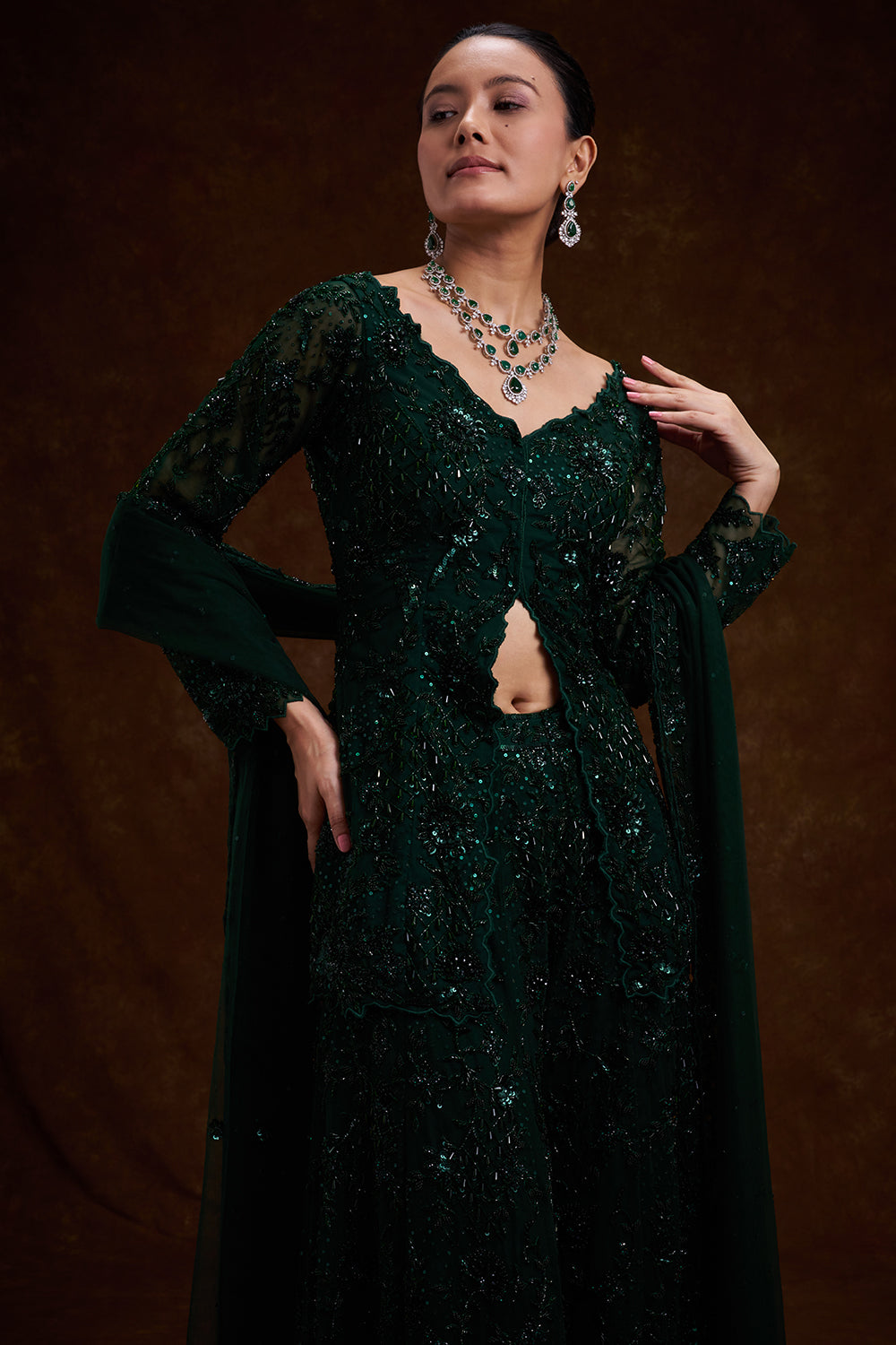 Bottle Green Net Indo-Western Set with Cutdana and Bead Work